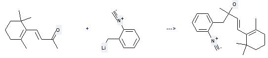 4-(2,6,6-Trimethyl-1-cyclohexenyl)-3-buten-2-one can react with (2-isocyano-benzyl)-lithium to get 1-(2-isocyano-phenyl)-2-methyl-4-(2,6,6-trimethyl-cyclohex-1-enyl)-but-3-en-2-ol.